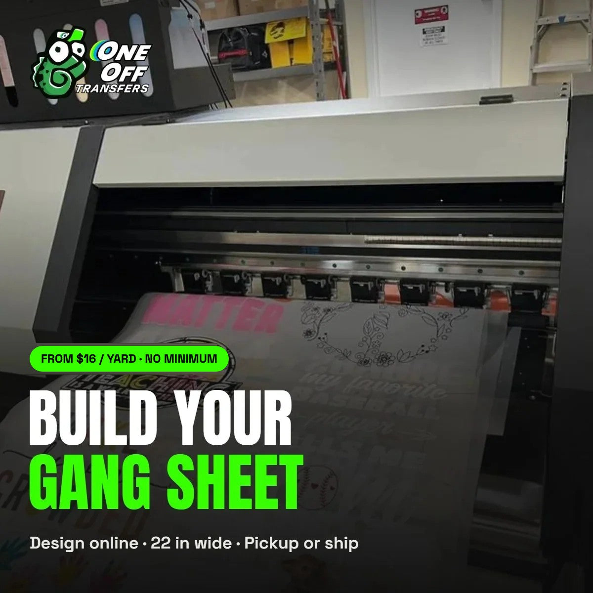 Build your DTF gang sheet online at One Off Transfers, from $16 per yard