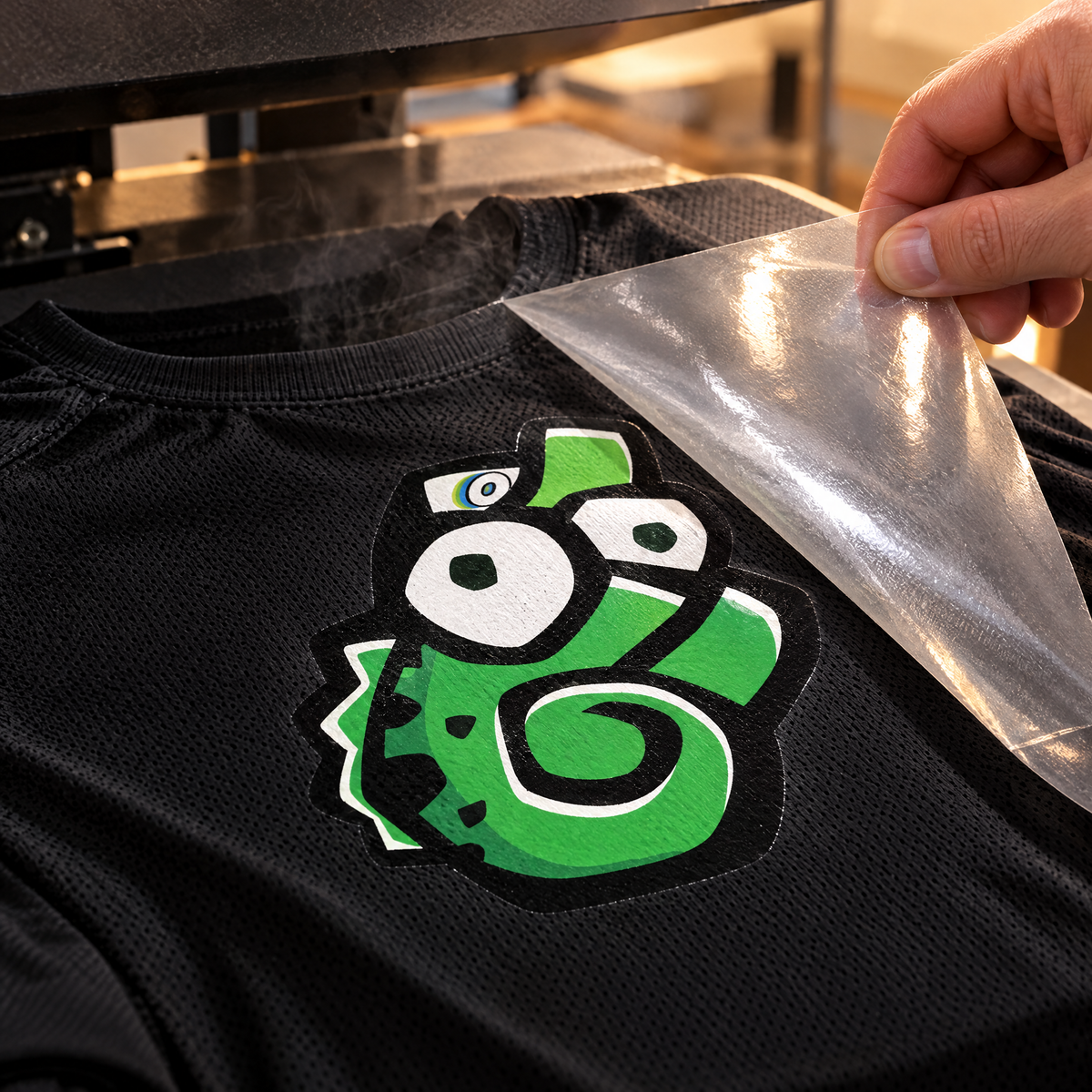 Peeling transfer film off a shirt to reveal a full-color DTF print