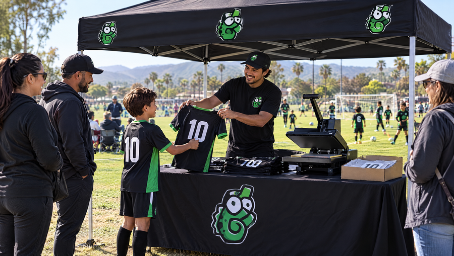 Handing a freshly pressed jersey to a young player