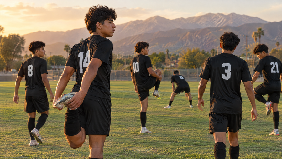 High school soccer team warming up in printed jerseys