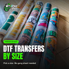 Custom DTF transfers by size from $1.49 each