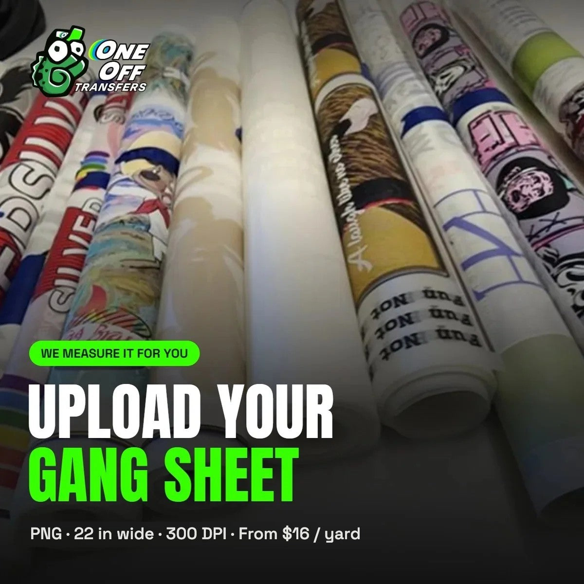 Upload your ready-to-print DTF gang sheet, we measure it for you