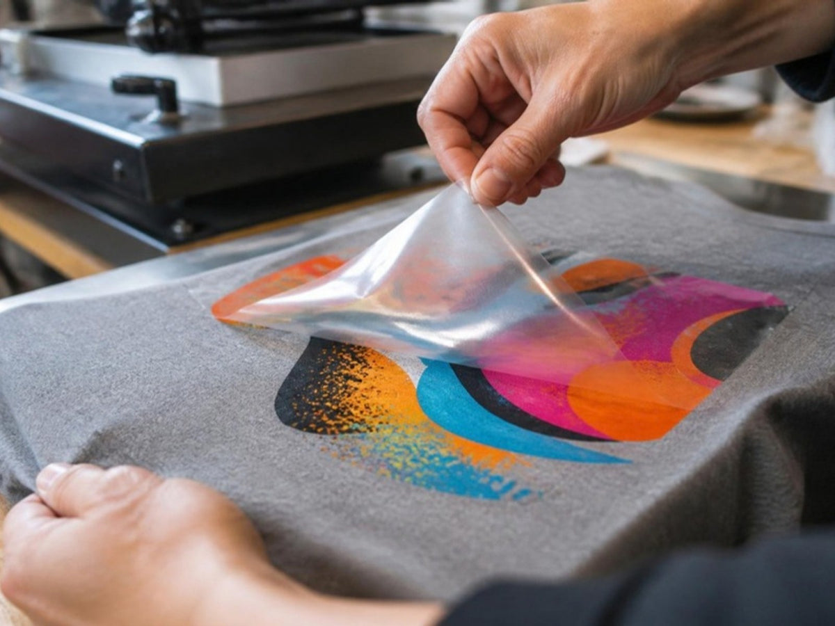 Peeling transfer film off a shirt to reveal a full-color DTF print