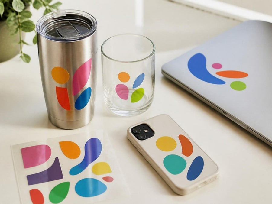 Full-color decals on a tumbler, glass, phone case and laptop