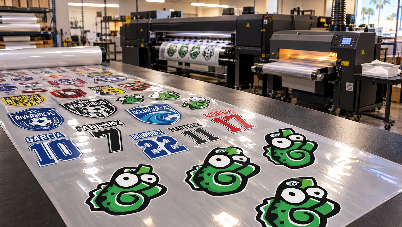 DTF gang sheet of soccer crests, numbers and logos
