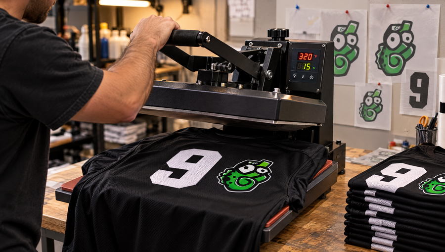 Heat pressing a number onto a soccer jersey