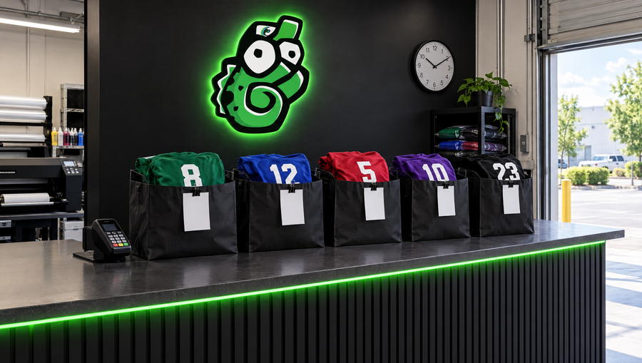 Pickup counter with bagged orders ready to go